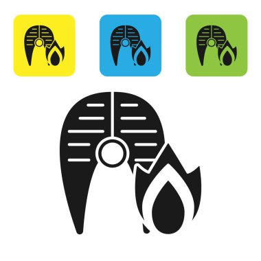 Siyah ızgara balık bifteği ve beyaz arka planda izole edilmiş ateş alevi ikonu. Renkli kare düğmeleri ayarlayın. Vektör İllüstrasyonu