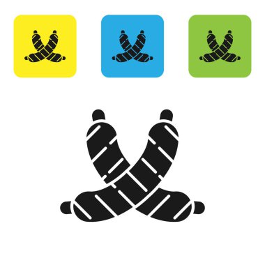 Siyah Çapraz sosis simgesi beyaz arka plan üzerinde izole. Izgara sosis ve aroma işareti. Simgeleri renkli kare düğmeleri ayarlayın. Vektör İllüstrasyonu