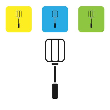 Siyah Spatula simgesi beyaz arkaplanda izole edildi. Mutfak spatula ikonu. Bbq spatula işareti. Barbekü ve ızgara aleti. Renkli kare düğmeleri ayarlayın. Vektör İllüstrasyonu