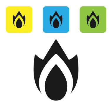 Siyah Ateş alev simgesi beyaz arkaplanda izole edildi. Isı sembolü. Renkli kare düğmeleri ayarlayın. Vektör İllüstrasyonu