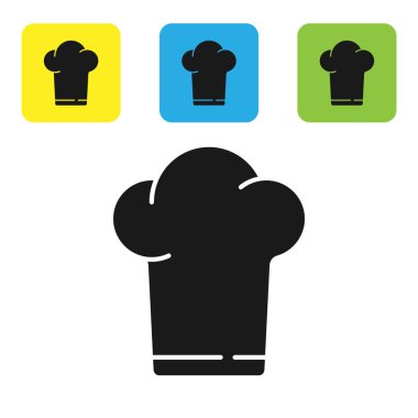 Siyah aşçı şapkası simgesi beyaz arkaplanda izole edildi. Aşçılık sembolü. Aşçı şapkası. Renkli kare düğmeleri ayarlayın. Vektör İllüstrasyonu