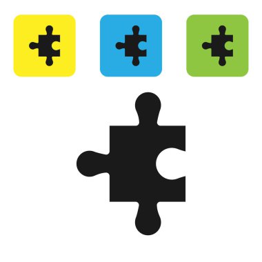 Siyah yapboz simgesi beyaz arkaplanda izole edildi. Modern daire, iş, pazarlama, finans, internet konsepti. Renkli kare düğmeleri ayarlayın. Vektör İllüstrasyonu