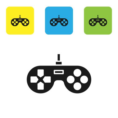 Siyah Oyun Alanı simgesi beyaz arkaplanda izole edildi. Oyun kontrolörü. Renkli kare düğmeleri ayarlayın. Vektör İllüstrasyonu