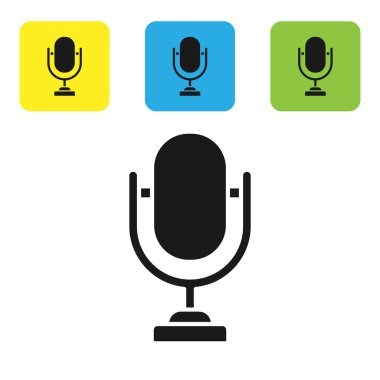 Beyaz arkaplanda siyah mikrofon simgesi izole edildi. Radyodaki mikrofondan. Sözcü işareti. Renkli kare düğmeleri ayarlayın. Vektör İllüstrasyonu