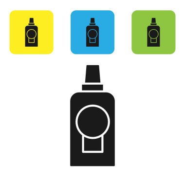 Siyah ağız gargarası plastik şişe simgesi beyaz arka planda izole edilmiş. Ağzını çalkalamak için sıvı. Ağız bakım ekipmanları. Renkli kare düğmeleri ayarlayın. Vektör İllüstrasyonu