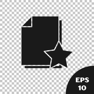 Şeffaf arkaplanda yıldız simgesine sahip Siyah Belge. En iyi belge, favori, derecelendirme sembolü. Vektör İllüstrasyonu