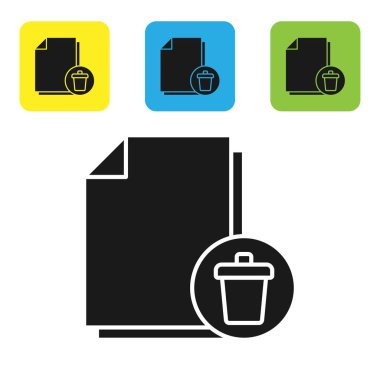 Siyah Silme dosya simgesi beyaz arkaplanda izole edildi. Kağıt çarşafta geri dönüşüm kutusu işareti var. Reddedilmiş belge. Kağıt üzerinde çarmıh. Renkli kare düğmeleri ayarlayın. Vektör İllüstrasyonu