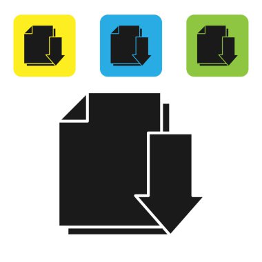 Beyaz arkaplanda indirme simgesine sahip Siyah Belge. Dosya belgesi sembolü. Renkli kare düğmeleri ayarlayın. Vektör İllüstrasyonu