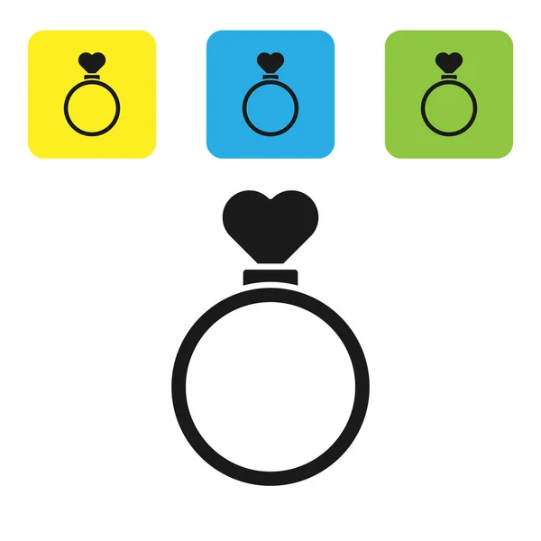 Черные обручальные кольца значок изолирован на белом фоне. Знак "Жених и невеста". Символ брака. Бриллиантовое кольцо. Настроить иконки красочные квадратные кнопки. Векторная миграция — стоковый вектор