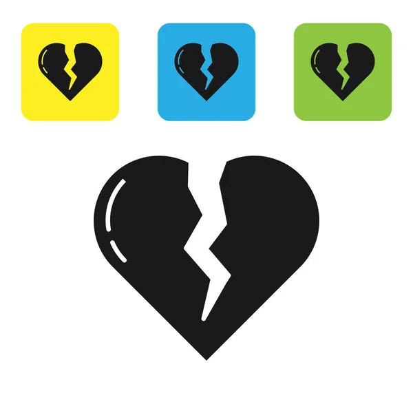 Zwart Gebroken hart of scheiding pictogram geïsoleerd op witte achtergrond. Liefdessymbool. Valentijnsdag. Stel pictogrammen kleurrijke vierkante knoppen. Vector Illustratie — Stockvector