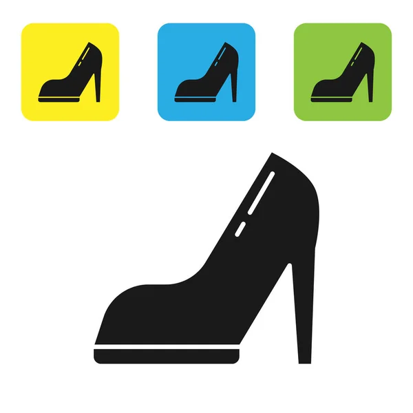 Zapatilla mujer negra con icono de tacón alto aislado sobre fondo blanco. Establecer iconos coloridos botones cuadrados. Ilustración vectorial — Vector de stock