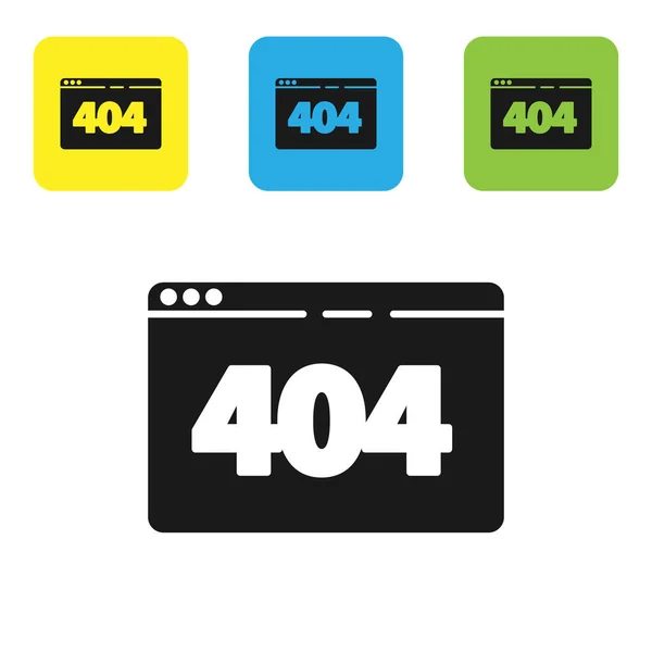 Pagina nera con un'icona di errore 404 isolata su sfondo bianco. Template riporta che la pagina non è stata trovata. Set icone colorate pulsanti quadrati. Illustrazione vettoriale — Vettoriale Stock