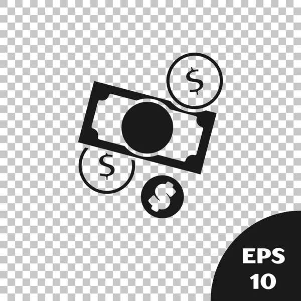 Czarny stosy papierowe pieniądze gotówka i monety pieniądze z ikoną symbolu dolara izolowane na przejrzystym tle. Banknoty pieniężne. Ilustracja wektora — Wektor stockowy