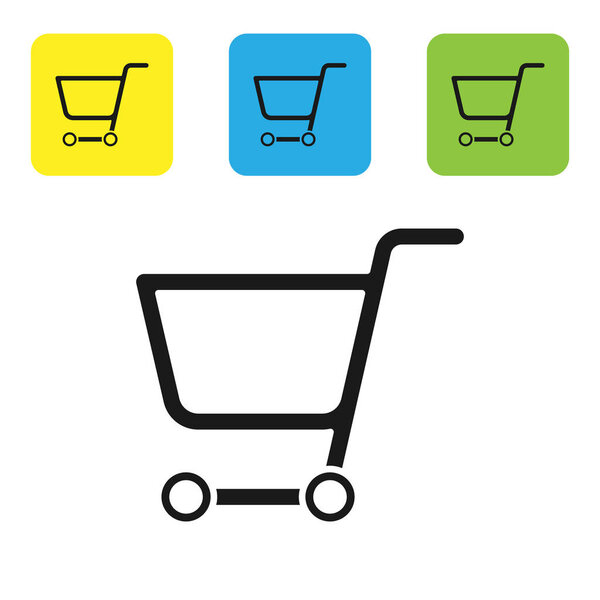 Black Shopping cart icon isolated on white background. Online buying concept. Delivery service sign. Supermarket basket symbol. Set icons colorful square buttons. Vector Illustration