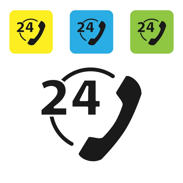 Czarny telefon 24 godziny wsparcia ikony izolowane na białym tle. Całodniowy call-center obsługi klienta. Pełny etat. Zestaw ikon kolorowe przyciski kwadratowe. Ilustracja wektora — Wektor stockowy