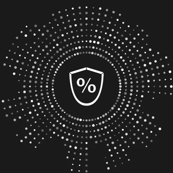 Vit lån procent ikon isolerad på grå bakgrund. Skyddssköld. Kreditprocentuell symbol. Abstrakt cirkel slumpmässiga prickar. Vektor Illustration — Stock vektor