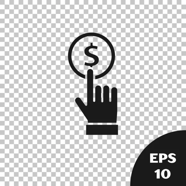 Czarna Ręka trzymająca ikonę monety na przezroczystym tle. Dolar lub symbol Usd. Znak waluty Cash Banking. Ilustracja wektora — Wektor stockowy