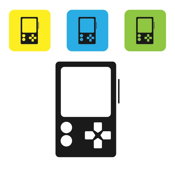 Черный Портативный иконка игровой приставки изолированы на белом фоне. Знак Геймпада. Концепция игры. Настроить иконки красочные квадратные кнопки. Векторная миграция — стоковый вектор