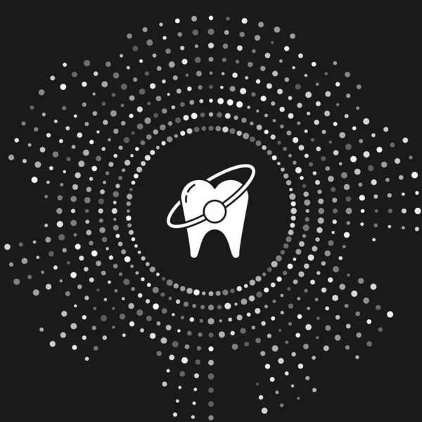 Weißes Zahnweiß-Symbol auf grauem Hintergrund. Zahnsymbol für Zahnklinik oder Zahnarztpraxis. abstrakte Kreis zufällige Punkte. Vektorillustration — Stockvektor