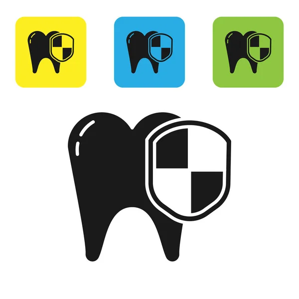 Schwarzes Zahnschutzsymbol isoliert auf weißem Hintergrund. Zahn auf Schild-Logo. setzen Symbole bunte quadratische Tasten. Vektorillustration — Stockvektor