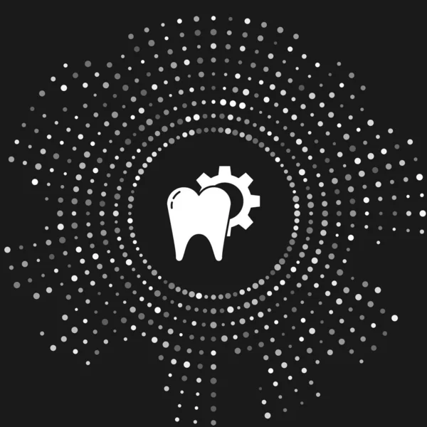 Icono del procedimiento de tratamiento dental blanco aislado sobre fondo gris. Reparación dental con engranaje. Puntos aleatorios de círculo abstracto. Ilustración vectorial — Vector de stock