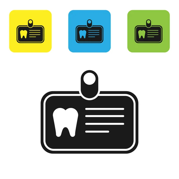 Cartão de identificação preto com ícone de dente isolado no fundo branco. Definir ícones coloridos botões quadrados. Ilustração vetorial — Vetor de Stock