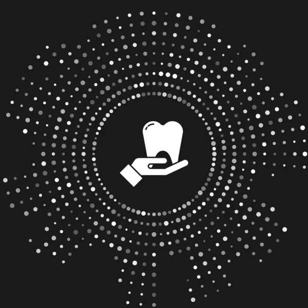 Weißes Zahnsymbol isoliert auf grauem Hintergrund. Zahnsymbol für Zahnklinik oder Zahnarztpraxis und Zahnpasta-Packung. abstrakte Kreis zufällige Punkte. Vektorillustration — Stockvektor