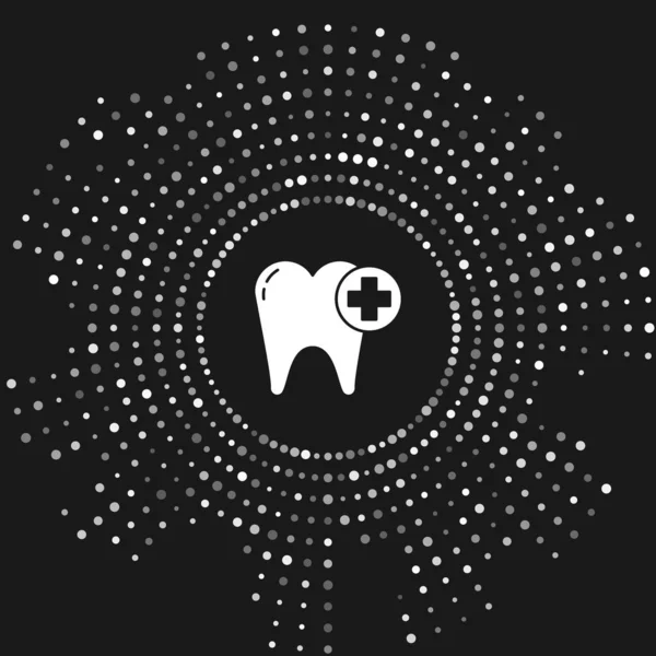 Icono de Diente Blanco aislado sobre fondo gris. Símbolo dental para clínica de odontología o centro médico dentista y paquete de pasta de dientes. Puntos aleatorios de círculo abstracto. Ilustración vectorial — Archivo Imágenes Vectoriales
