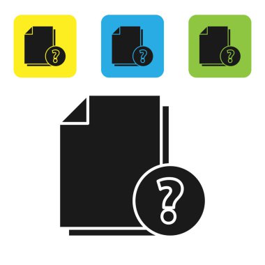 Siyah Bilinmeyen belge simgesi beyaz arkaplanda izole edildi. Soru işareti olan dosya. Raporu, servisi ve küresel arama işaretini beklet. Renkli kare düğmeleri ayarlayın. Vektör İllüstrasyonu