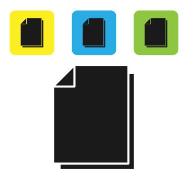 Siyah belge simgesi beyaz arka planda yalıtılmış. Dosya simgesi. Kontrol listesi simgesi. İş konsepti. Set simgeleri renkli kare düğmeler. Vektör Illustration