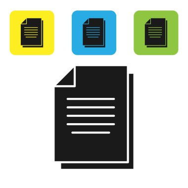 Siyah belge simgesi beyaz arka planda yalıtılmış. Dosya simgesi. Kontrol listesi simgesi. İş konsepti. Set simgeleri renkli kare düğmeler. Vektör Illustration