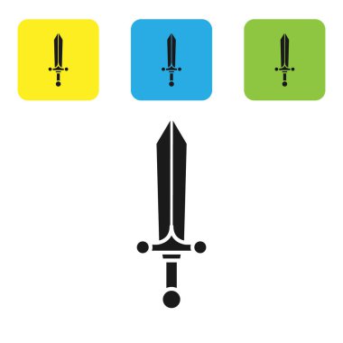 Siyah Ortaçağ kılıç simgesi beyaz arka planda izole edilmiş. Renkli kare düğmeleri ayarlayın. Vektör İllüstrasyonu