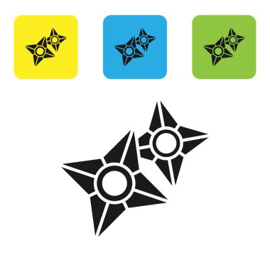 Siyah Japon ninja shuriken simgesi beyaz arkaplanda izole edildi. Renkli kare düğmeleri ayarlayın. Vektör İllüstrasyonu