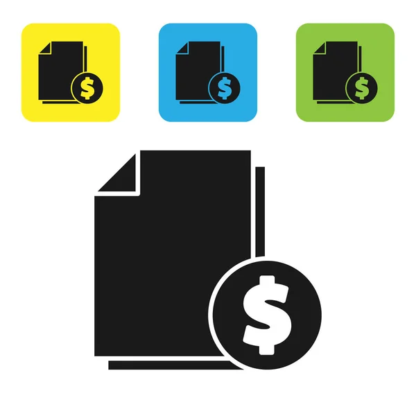 Black Finance document icon isolated on white background. Paper bank document with dollar coin for invoice or bill concept. Set icons colorful square buttons. Vector Illustration — Stock Vector