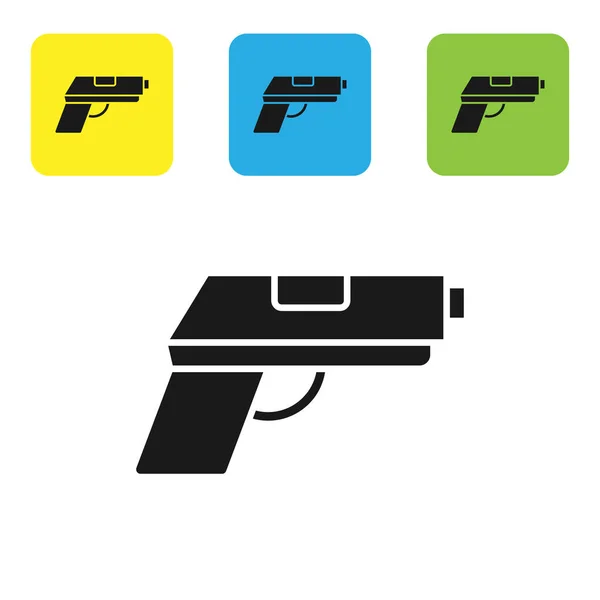 Black Pistol or gun icon isolated on white background. Police or military handgun. Small firearm. Set icons colorful square buttons. Vector Illustration — Stock Vector