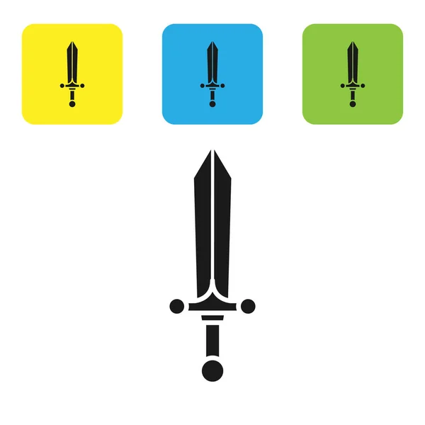 Czarna średniowieczna ikona miecza odizolowana na białym tle. Zestaw ikon kolorowe przyciski kwadratowe. Ilustracja wektora — Wektor stockowy