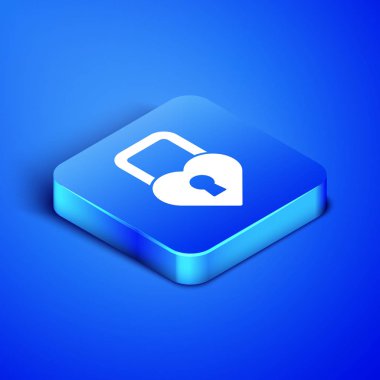 Mavi arka planda izole edilmiş kalp simgesi şeklindeki Isometric Castle. Kilitli Kalp. Aşk sembolü ve anahtar deliği işareti. Sevgililer Günü. Mavi kare düğme. Vektör İllüstrasyonu