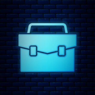 Parlayan neon çanta simgesi tuğla duvar arkasında izole edildi. İş ilanı. İş portföyü. Vektör İllüstrasyonu