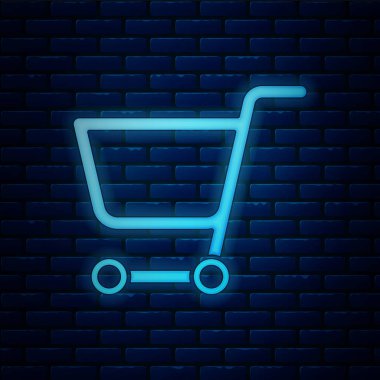 Parlayan neon alışveriş arabası simgesi tuğla duvar arkasında izole edilmiş. İnternetten satın alma konsepti. Servis tabelası. Süpermarket sepeti sembolü. Vektör İllüstrasyonu