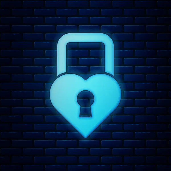 Glödande neon slott i form av en hjärtsymbol isolerad på tegelvägg bakgrund. Låst hjärta. Kärlek symbol och nyckelhål tecken. Alla hjärtans dag. Vektor Illustration — Stock vektor