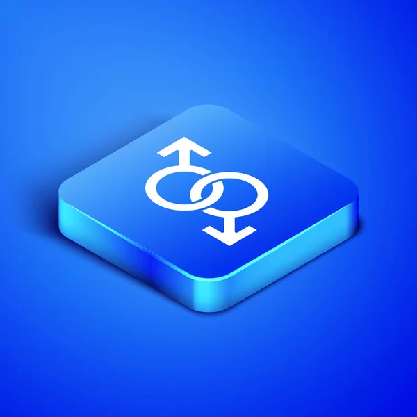 Isométrique masculin icône de symbole de genre isolé sur fond bleu. Bouton carré bleu. Illustration vectorielle — Image vectorielle