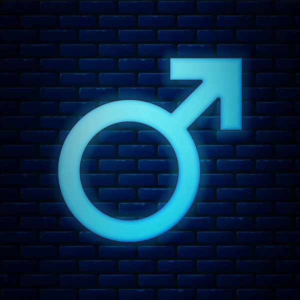 Icono de símbolo de género masculino de neón brillante aislado en el fondo de la pared de ladrillo. Ilustración vectorial — Vector de stock
