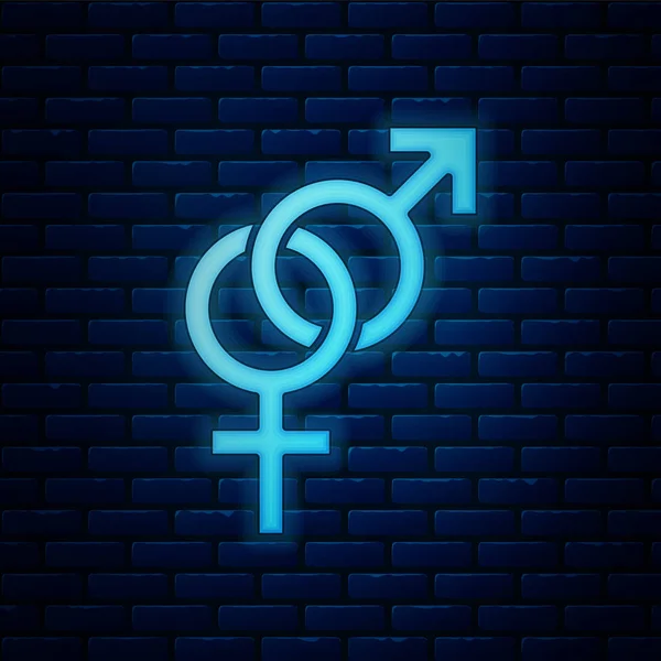 Brillante icono de género de neón aislado en el fondo de la pared de ladrillo. Símbolos de hombres y mujeres. Símbolo sexual. Ilustración vectorial — Vector de stock