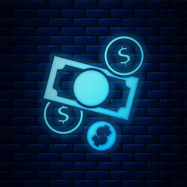 Žhnoucí neon zásobníky papírové peníze v hotovosti a mince s ikonou symbolu dolaru izolované na cihlové zdi pozadí. Hromádky bankovek. Vektorová ilustrace — Stockový vektor