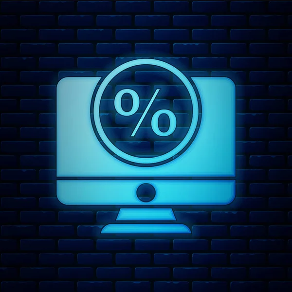 Brilhante néon por cento símbolo desconto e ícone monitor isolado no fundo da parede de tijolo. Percentagem de venda - etiqueta de preço, tag. Ilustração vetorial — Vetor de Stock