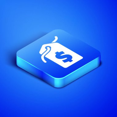 Mavi arka planda dolar simgesi olan Isometric Price etiketi. Rozet fiyatına. Dolar sembollü indirim. Reklam etiketi indirimi. Mavi kare düğme. Vektör İllüstrasyonu
