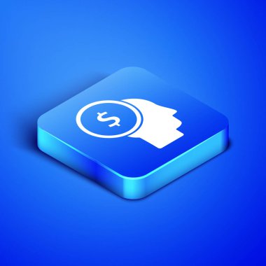 Isome İşadamı mavi arka planda izole edilmiş zihin ikonu planlıyor. Dolarlı insan kafası. Para kazanmak için bir fikir. Yatırım artışı. Mavi kare düğme. Vektör İllüstrasyonu