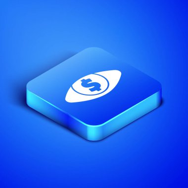 Mavi arka planda dolar simgesi olan Isometric Eye. Mavi kare düğme. Vektör İllüstrasyonu