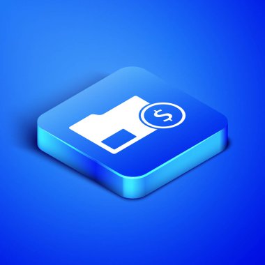 Mavi arka planda izole jeton dolar sembol simgesi ile izometrik zarf. Maaş artışı, para bordro, tazminat geliri. Mavi kare düğmesi. Vektör Illustration