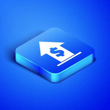 Isometric Finansal büyüme ve madeni para ikonu mavi arka planda izole edildi. Gelirleri arttırıyorum. Mavi kare düğme. Vektör İllüstrasyonu